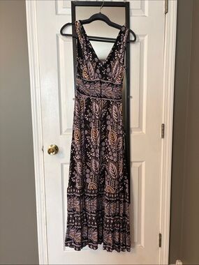 Mauve Black Maxi Dress with Pink and Tan Floral Motif